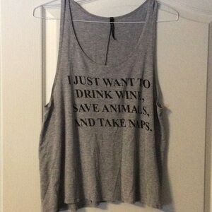 Women’s Triumph Gray Tank Top Sz L “Drink Wine, Save Animals & Naps”